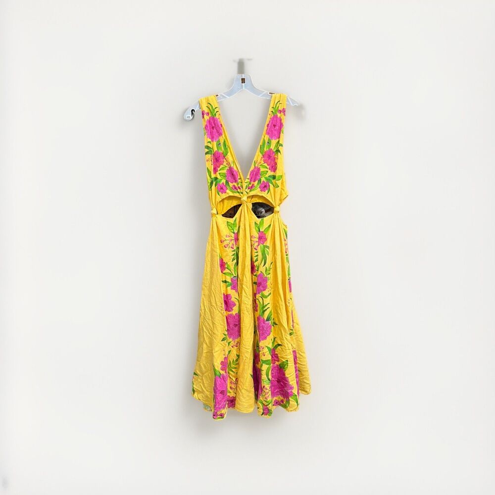 Farm Rio Knotted Cutout Waist Midi Dress Romantic Garden Size M Linen Blend - Picture 4 of 4